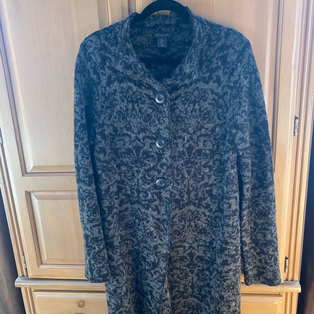Tahari Charcoal Patterned Knit Cardigan